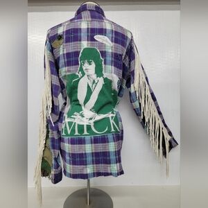 Upcycled Vintage Retro Rock Band Rolling Stones "Mick" Fringe Flannel Shirt
